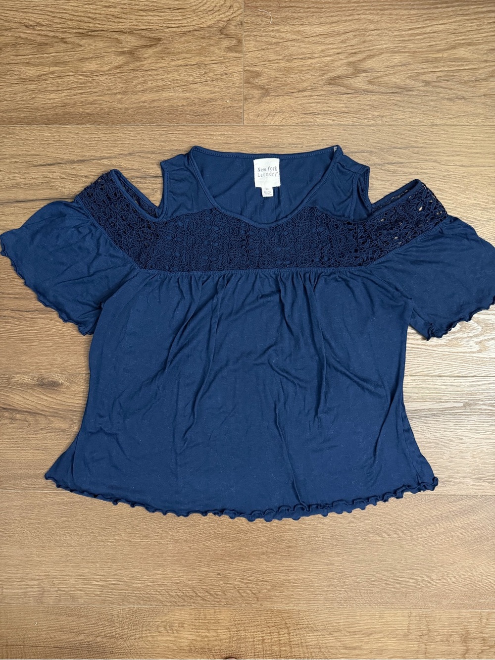 New York Laundry Navy Cold-Shoulder Lace Yoke Top